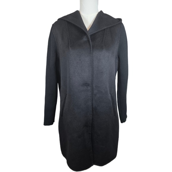 Kenneth Cole New York Jackets & Blazers - Kenneth Cole Women's Black Hooded Mixed Media Ribbed Sleeves Wool Blend Jacket